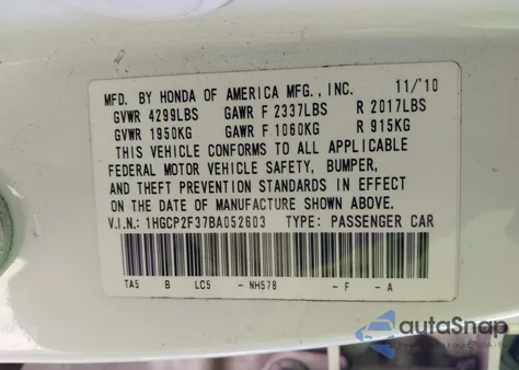 2011 Honda Accord 2.4 Lx z USA, uszkodzony, nr VIN 1HGCP2F37BA052603